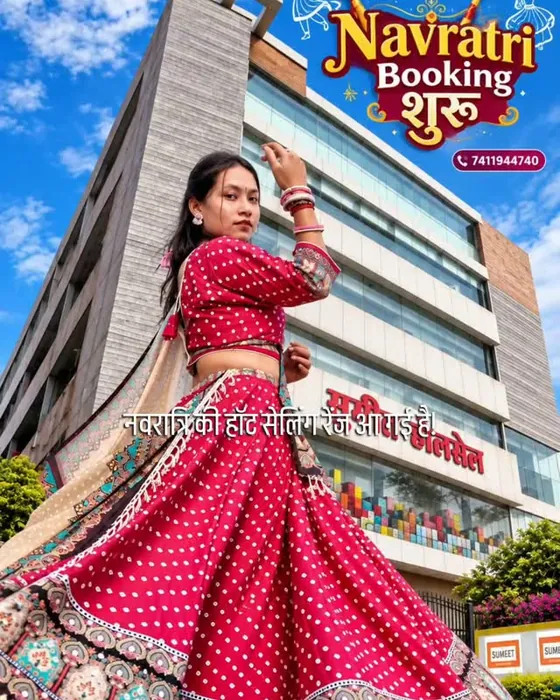 Festive lehenga in front of the Sumeet Wholesale building